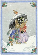 Vintage Nostalgic Christmas Card ~ The Rabbits Shelter From The Snow ~ M Brett