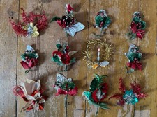 12x VINTAGE CHRISTMAS MERCURY GLASS FOIL SPRIGS MID CENTURY ORNAMENTS CD29