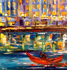 ORIGINAL , OIL PAINTING CANVAS  40x40 cm  ANNA KALUZNA, Red boat trip