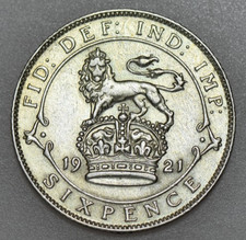 1921 GEORGE V SIXPENCE, BRITISH SILVER COIN, GEF