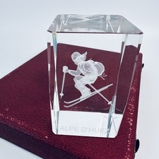 ALPE D'HUEZ 3D Laser Etched Snow Skier Solid Glass Crystal Block Paperweight 8cm