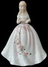 Musical Porcelain Lady Wind Up Music Box in White Dress & Roses 7.5” All Working