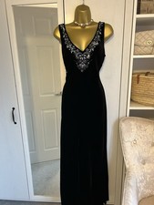 Laura Ashley Black Silk Blend Velvet Diamanté Long Evening Dress UK 14 Vintage