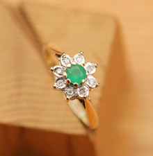 9ct Solid Yellow Gold Cluster Ring Emerald and Diamonds Size I Vintage cleaned