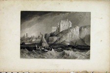 Old Antique Print View Dieppe Castle Cliff Stormy Sea Sailing Boat Miller
