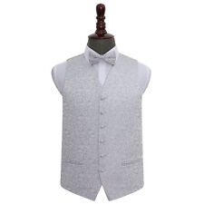 DQT Woven Swirl Patterned Silver Mens Wedding Waistcoat & Bow Tie Set