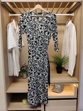 COAST DRESS WRAP cleavage UK 12 black white floral MIDI CASUAL 100% SILK WOMENS