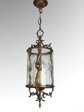 Vintage French Gilt Bronze Hall Lantern With Etched Glass Panel