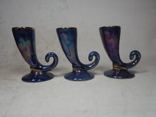 Set of 3 Blue Lustre Ceramic Cornucopia Horn Shaped Vases Small 9cm
