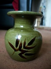 Hand made in Tenby stoneware studio pottery vase green with leaf motif