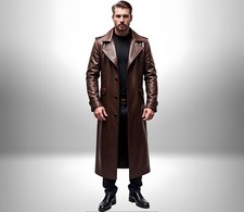 mens long brown leather trench