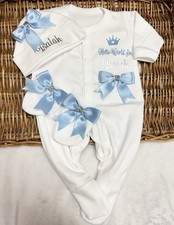 NEWBORN baby Homecoming Set sleepsuit hat  Mitts personalised Silver Sparkling
