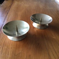 2x Vintage spike pin candlestick brass gold matt church alter candle holder pair