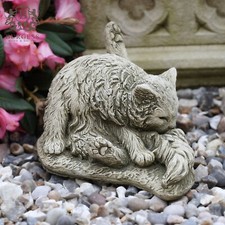 Washing Cat Stone Statue | Kitten Animal Outdoor Garden Ornament Decor