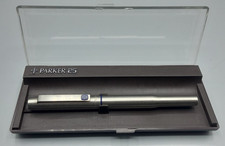 Vintage 1980 Parker 25 Flighter Fountain Pen Brushed Steel Blue Trim VGC GWO