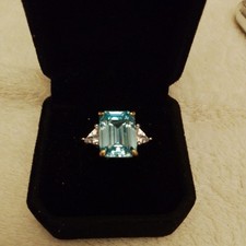 Natural Emerald Cut Aquamarine and Moissanite Solitaire Ring in 925 Silver