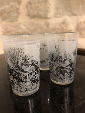 Vintage French Hunting Scene Shot Glasses Set 4 Frosted Glass Black Illustration