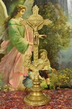 Superb Antique French Altar Cross / Crucifix On Base, Praying Angels, 19th C