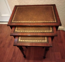 Antique reproduction mahogany nest of 3 tables with brown leather tops