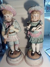 Pair Of Antique German Porcelain Bisque Figures Boy, Girl Period Costumes 17inch