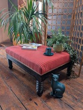 Vintage Very Large Oak Ottoman Stool / Table Sculptural Turned Legs Red Ticking