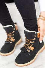LADIES WOMENS FLAT FUR LINED GRIP SOLE WINTER ARMY COMBAT ANKLE BOOTS SHOES SIZE