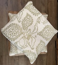 PAIR OF OKA CUSHIONS 20 INCH SQUARE LINEN WITH EMBROIDERY POMEGRANATES FOLIAGE