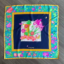 LEONARD PARIS Lovely Bright Flowers & Fruits Print Large Silk Twill Scarf  88cm