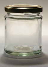 40 X  190ml  ROUND GLASS JAM JAR  & GOLD LIDS  -  PICKLES, CHUTNEY, PRESERVES 