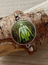 Green Goddess Cabochon Adjustable Chain Brown Suede Style Bracelet Gift Bag New