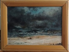 Antique oil painting on canvas storm seascape