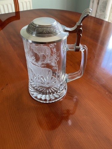 Tankard etched glass stag - tankard, glass,