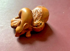 Hand Carved Wooden Japanese Netsuke okimono Mouse Octopus black eyes signed