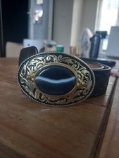 Women's Black Cow Hide Real Leather Belt with Gold Buckle Size M Made In USA