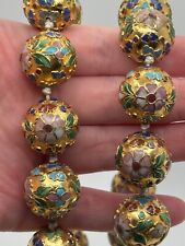 Vintage Chinese Cloisonne Enamel Flower Gold Tone Bead Necklace