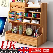 UK Wooden Office Desk Pen Pencil Holder Storage Organizer Tidy Shelf w/ Drawer