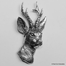 Roe Deer Stag Head Pewter Pin Brooch - British Artisan Signed Badge - Hunting