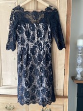 Milly of New York Black Delicate Eyelash Lace Dress over Nude Silk Size UK 10