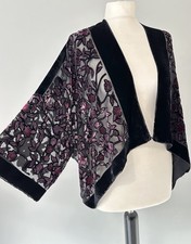 Besarani Black Pink Silk Velvet Glitter Floral Devore Crop Bolero Kimono Jacket
