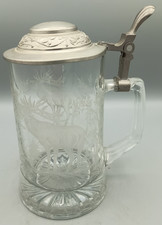 Vintage Stag Etched Glass Beer Stein / Tankard With 95% Zinn Pewter Lid 1 Pint. 