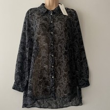 PARAPHRASE Blouse Size 16 Black Bird Print  Sleeved Sheer Button Up Women
