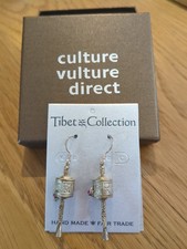 Handmade Tibetan Prayer Wheel Earrings With Sterling Silver Ear Wires, Boxed