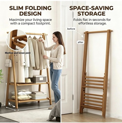 Foldable wooden garment rack - wooden,