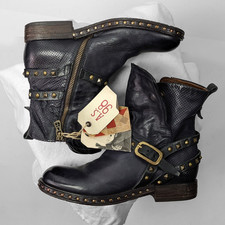 NEW AS98 Asymmetric Gold Metal Buckle Biker Combat Leather Knee Boots EU37 US7