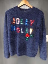 Next fluffy Christmas jumper, navy blue with sequins, holly themed, size 10