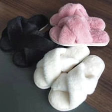 NEW WOMEN CROSS STRAP FLUFFY MULE SOFY WARM FAUX FUR SLIDERS SLIPPERS SIZES 3-10