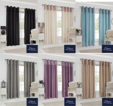 Velvet Top Border Faux Silk Ready Made Pair Curtains Eyelet Ring Top Fully Lined