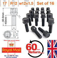 16 x Alloy wheel bolts lugs nuts. M12 x 1.5 Radius Seat 40mm Thread Length Black