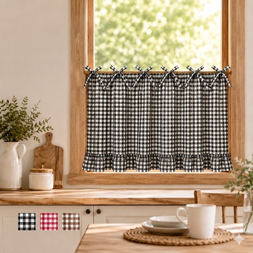 Plaid short curtain kitchen - curtain,