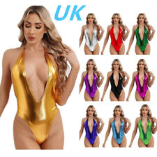 UK Women Shiny Metallic Swimsuits Sleeveless Deep V Neck Bodysuit Monokini